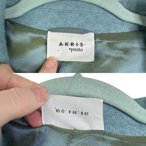 Akris Punto Sumptuous Aqua Jacket 100% Wool Light‎ Blue Hook & Eye Flaws US 12 - Picture 15 of 16
